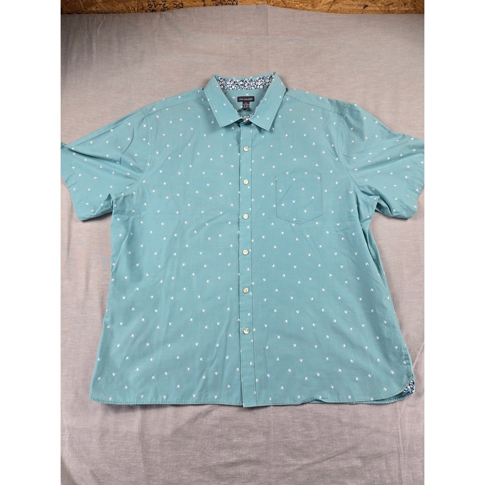 Van Heusen Mens XXL Short Sleeve Button Down Shirt Teal Palm Tree Print Pocket